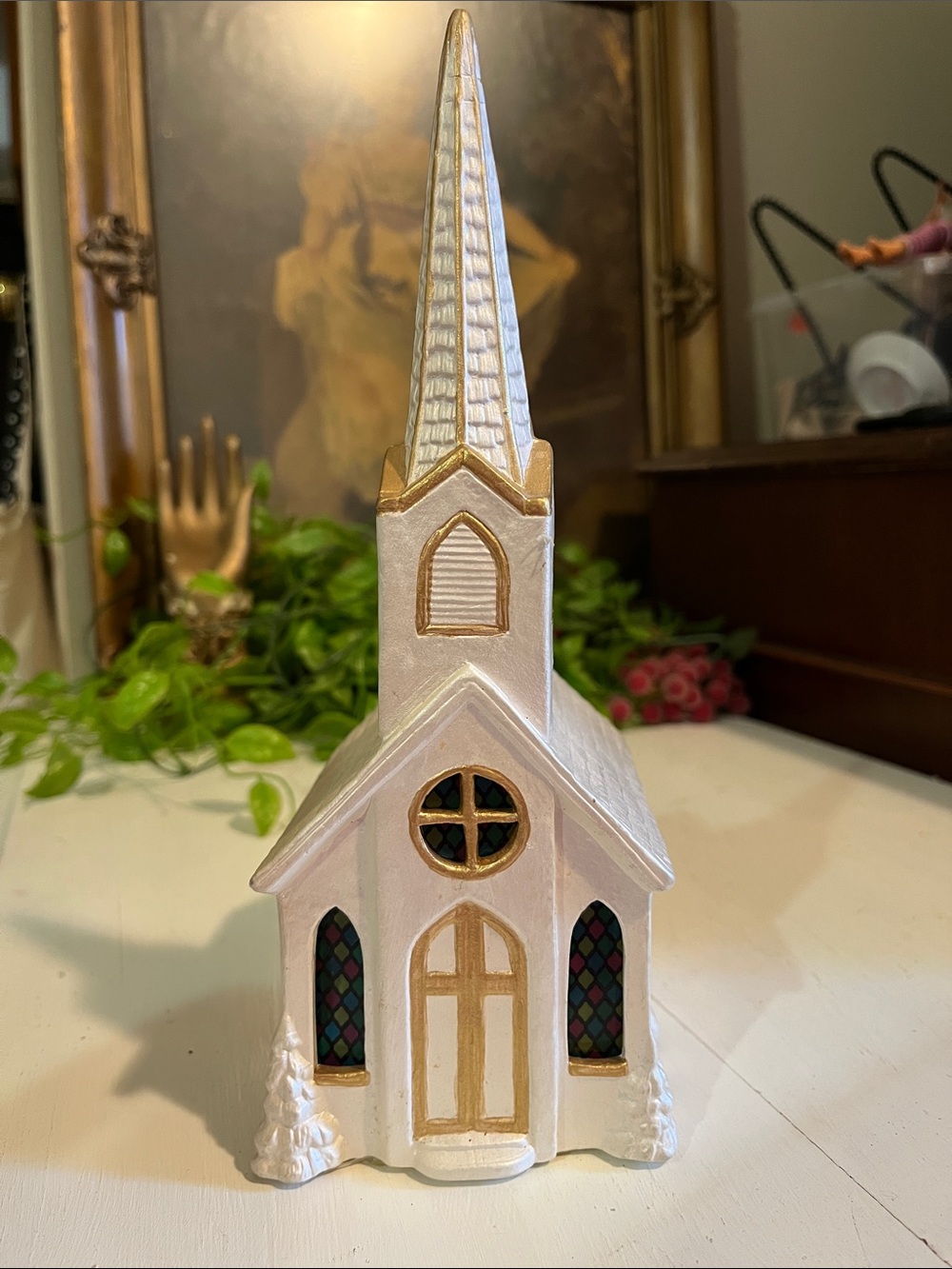 Musical Church “Amazing Grace”- VTG - Pearl White w Stained Glass Type Windows